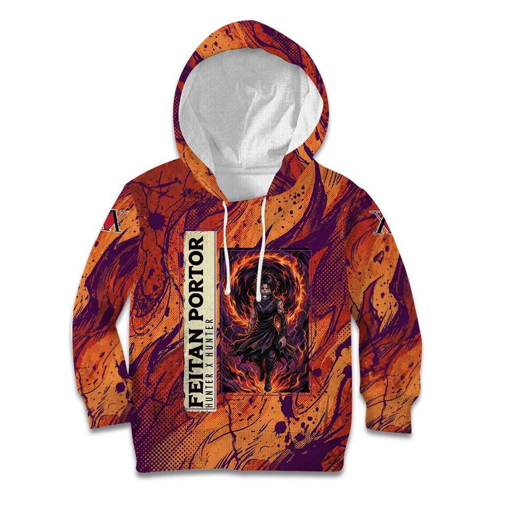 Feitan Portor Flame Aura Design Kid Hoodie with Sword Stance and Intense Anime Artwork - The Mazicc