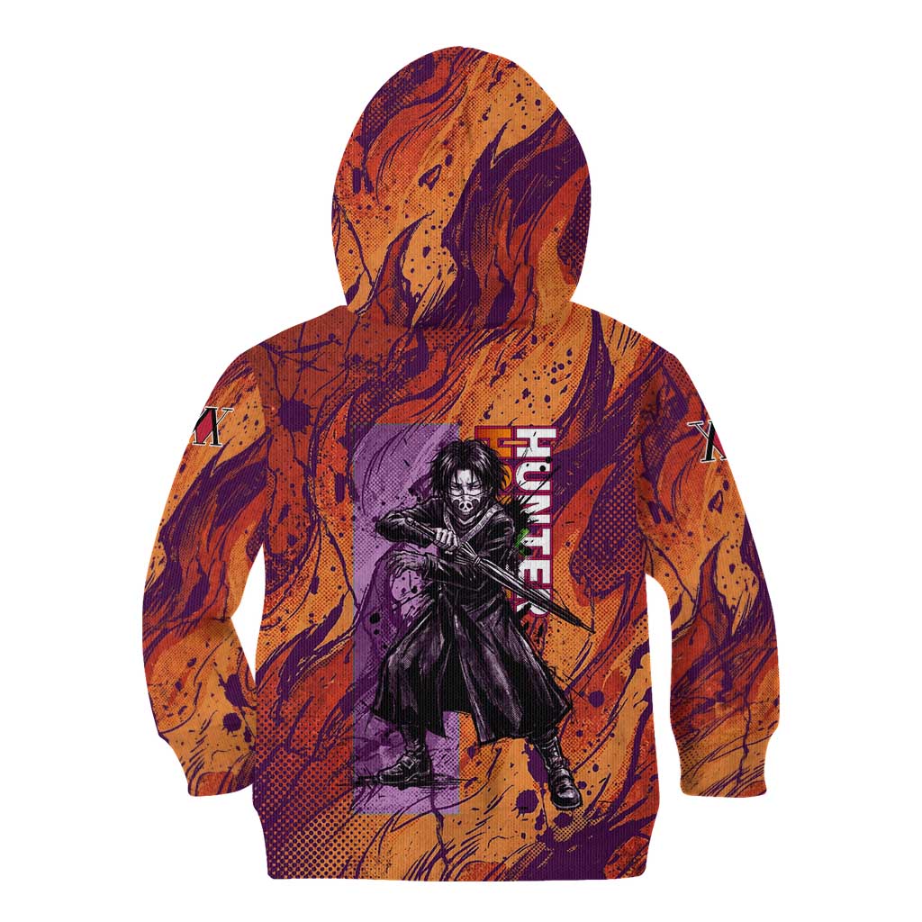 Feitan Portor Flame Aura Design Kid Hoodie with Sword Stance and Intense Anime Artwork - The Mazicc
