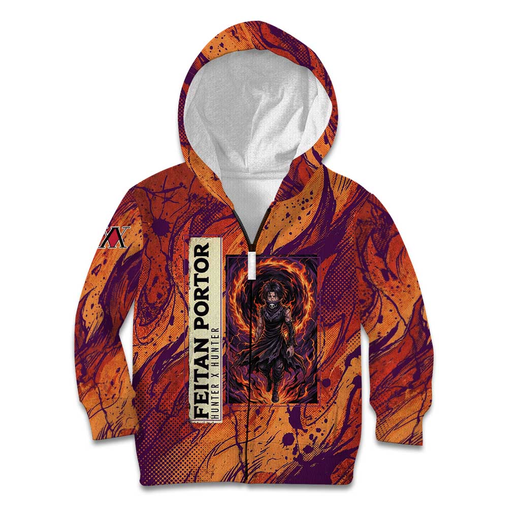 Feitan Portor Flame Aura Design Kid Hoodie with Sword Stance and Intense Anime Artwork - The Mazicc