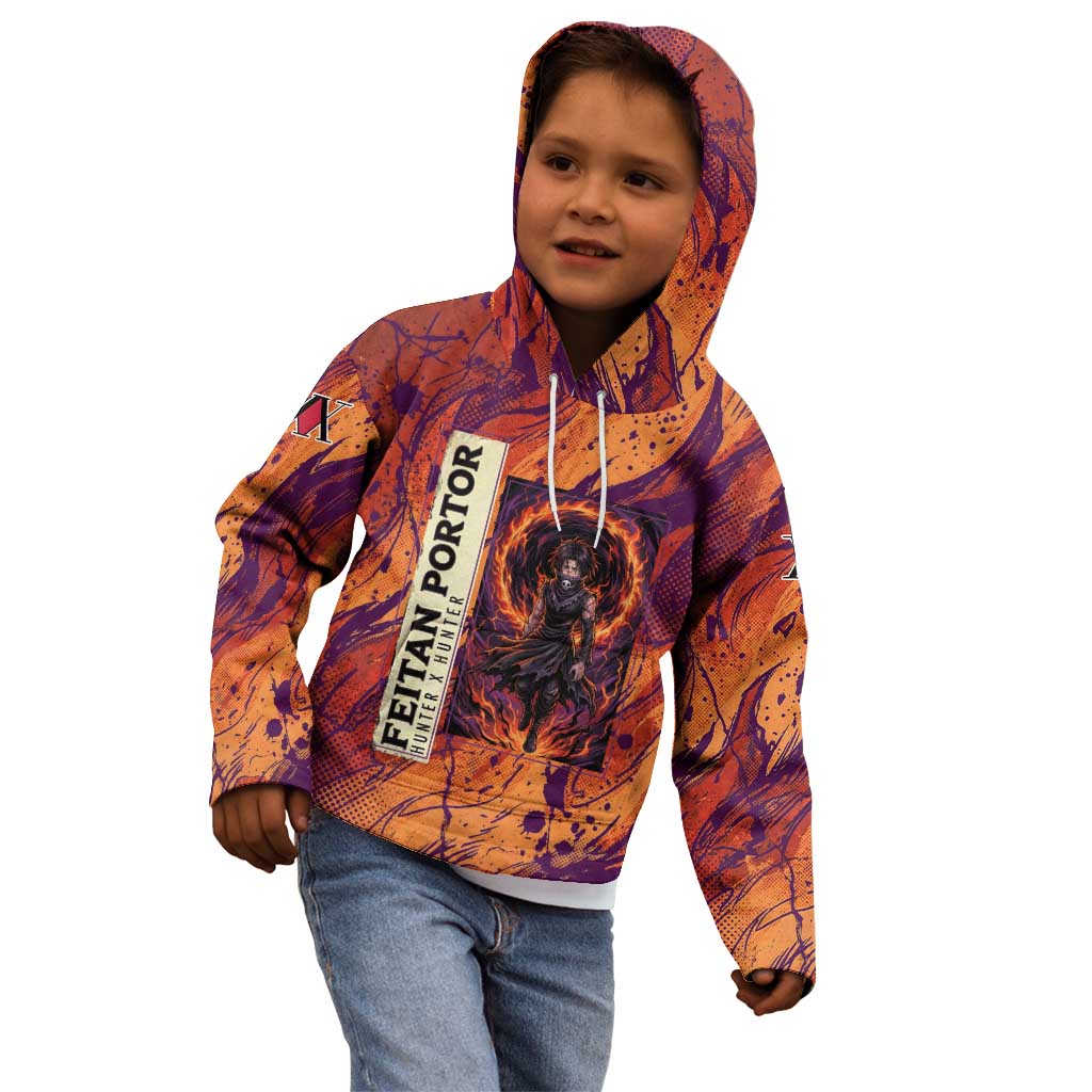 Feitan Portor Flame Aura Design Kid Hoodie with Sword Stance and Intense Anime Artwork - The Mazicc
