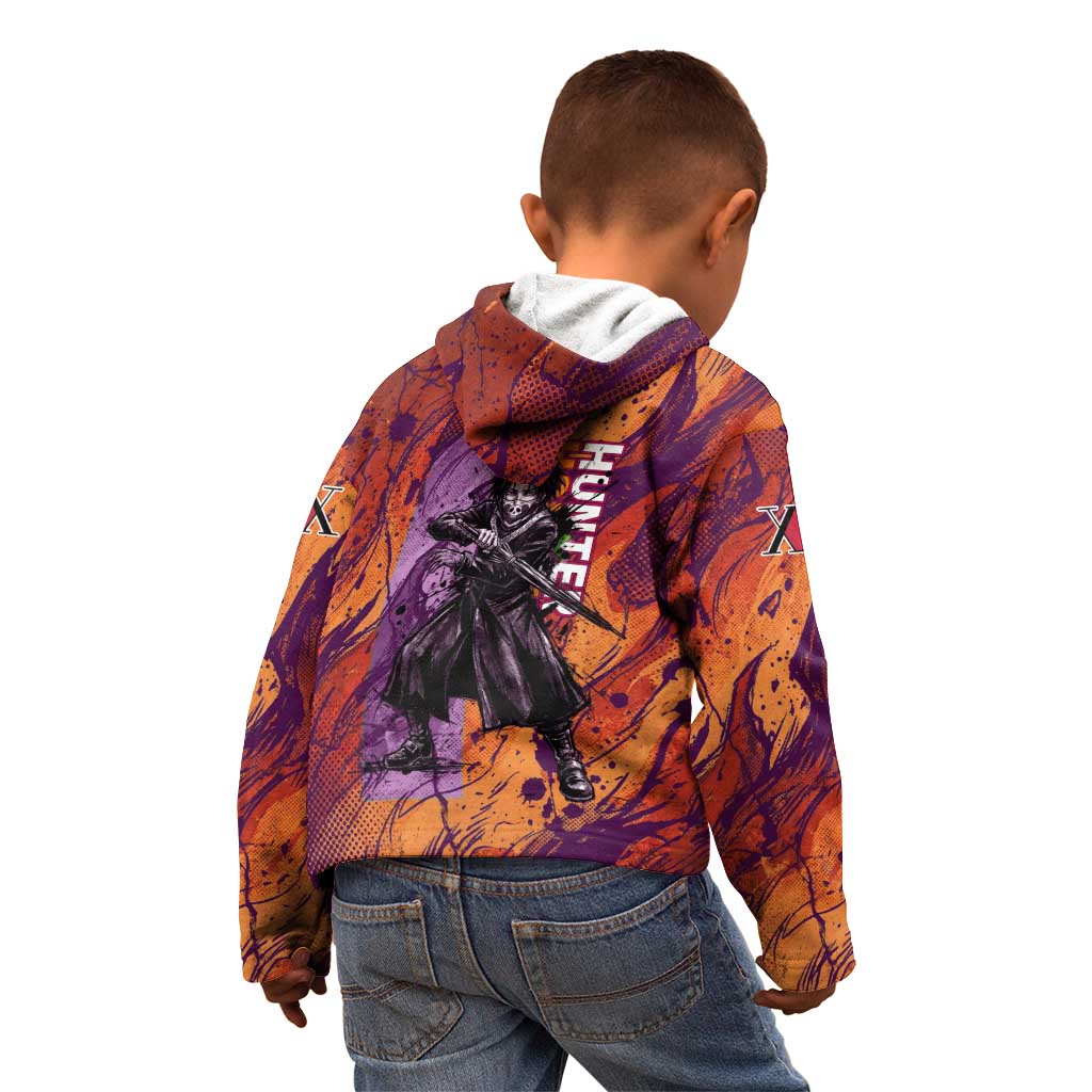 Feitan Portor Flame Aura Design Kid Hoodie with Sword Stance and Intense Anime Artwork - The Mazicc
