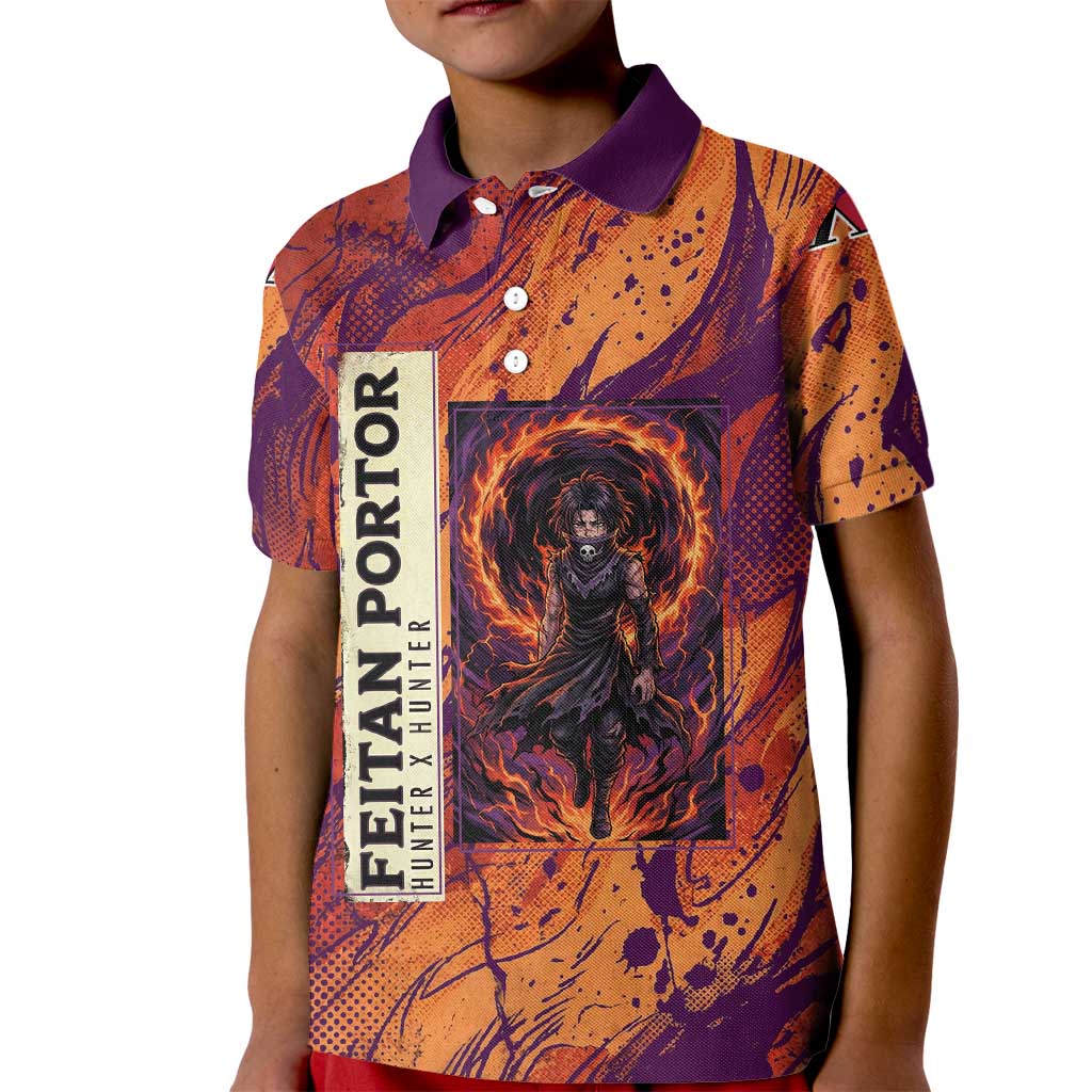 Feitan Portor Flame Aura Design Kid Polo Shirt with Sword Stance and Intense Anime Artwork - The Mazicc
