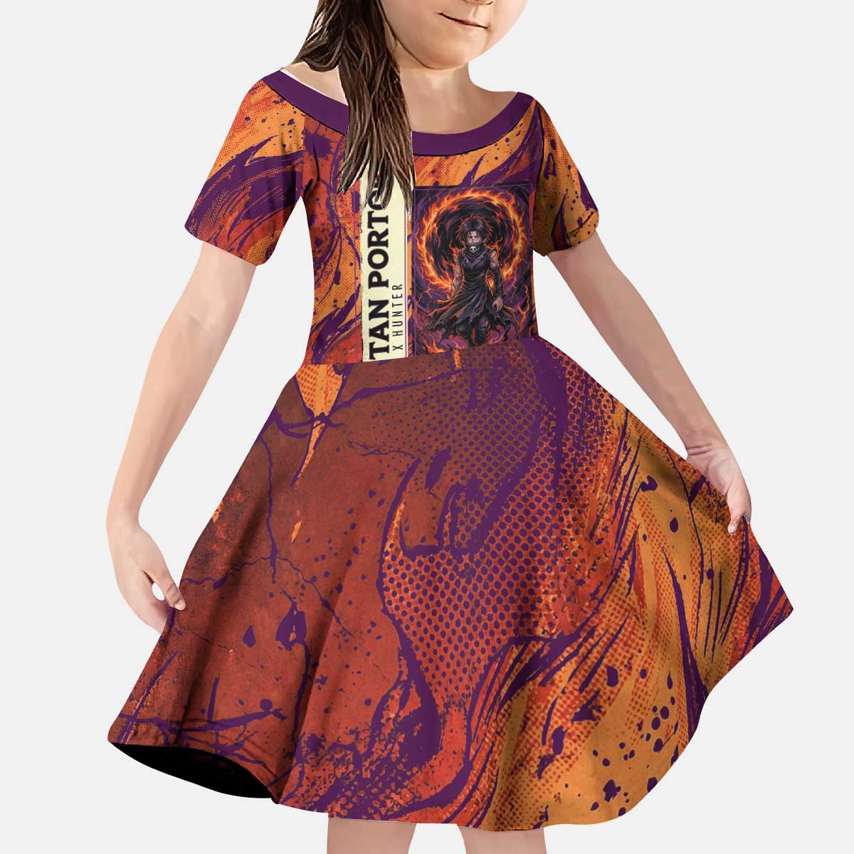 Feitan Portor Flame Aura Design Kid Short Sleeve Dress with Sword Stance and Intense Anime Artwork - The Mazicc