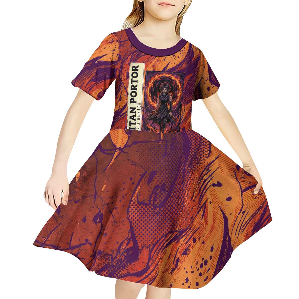 Feitan Portor Flame Aura Design Kid Short Sleeve Dress with Sword Stance and Intense Anime Artwork - The Mazicc