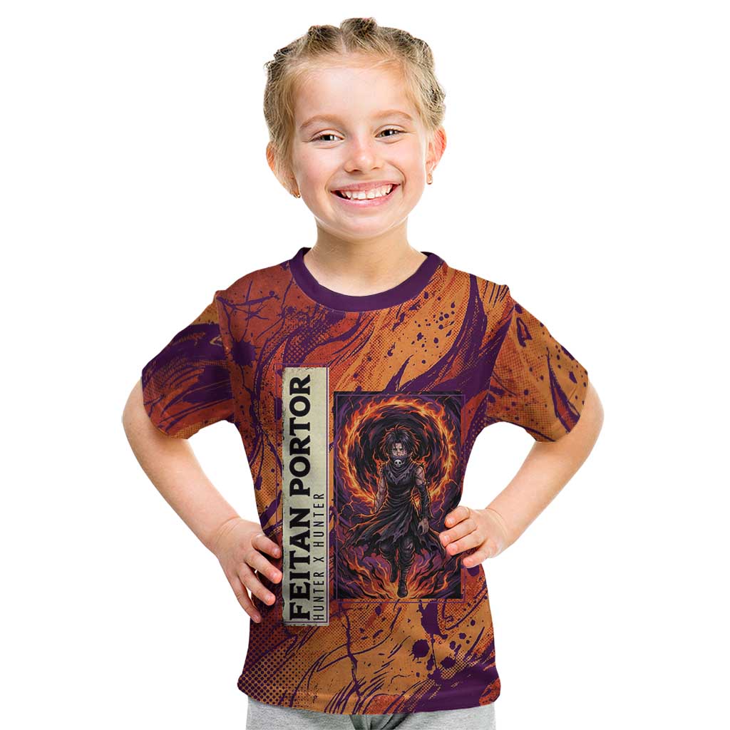 Feitan Portor Flame Aura Design Kid T Shirt with Sword Stance and Intense Anime Artwork - The Mazicc