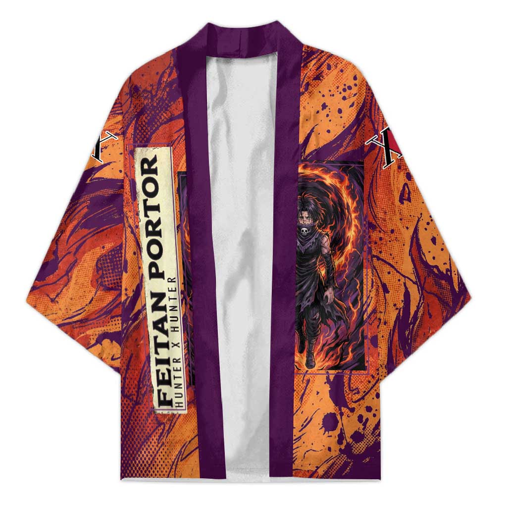Feitan Portor Flame Aura Design Kimono with Sword Stance and Intense Anime Artwork - The Mazicc
