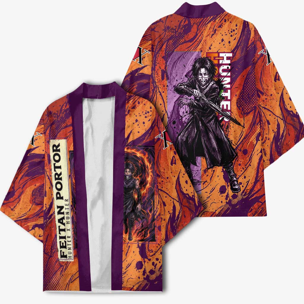Feitan Portor Flame Aura Design Kimono with Sword Stance and Intense Anime Artwork - The Mazicc