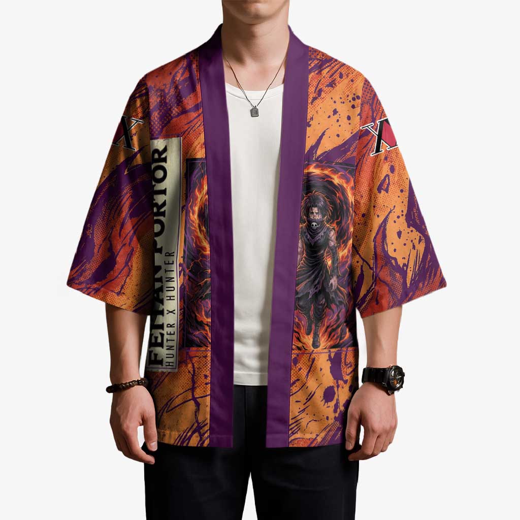 Feitan Portor Flame Aura Design Kimono with Sword Stance and Intense Anime Artwork - The Mazicc