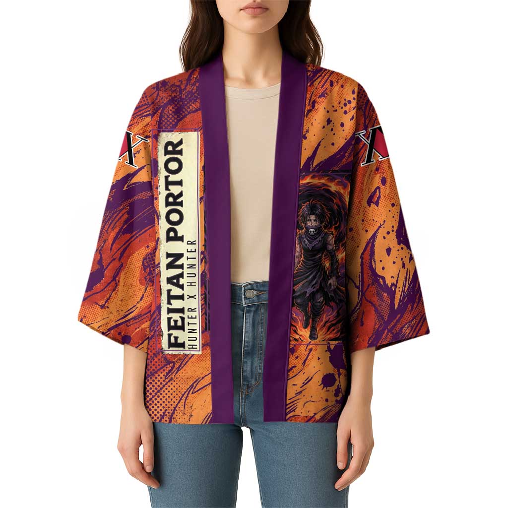 Feitan Portor Flame Aura Design Kimono with Sword Stance and Intense Anime Artwork - The Mazicc