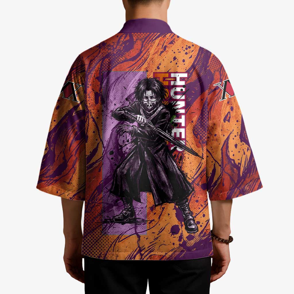 Feitan Portor Flame Aura Design Kimono with Sword Stance and Intense Anime Artwork - The Mazicc