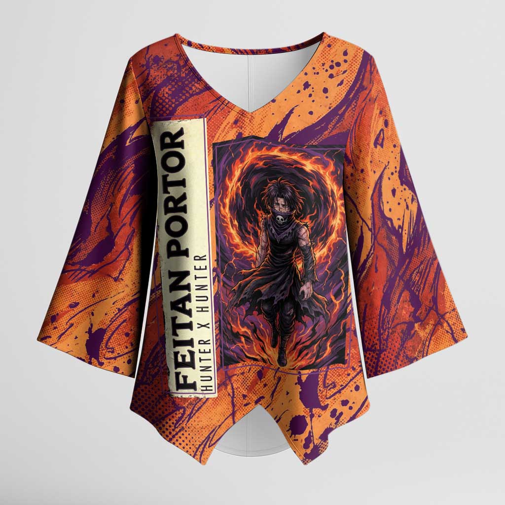 Feitan Portor Flame Aura Design Kimono Sleeve Blouse with Sword Stance and Intense Anime Artwork - The Mazicc