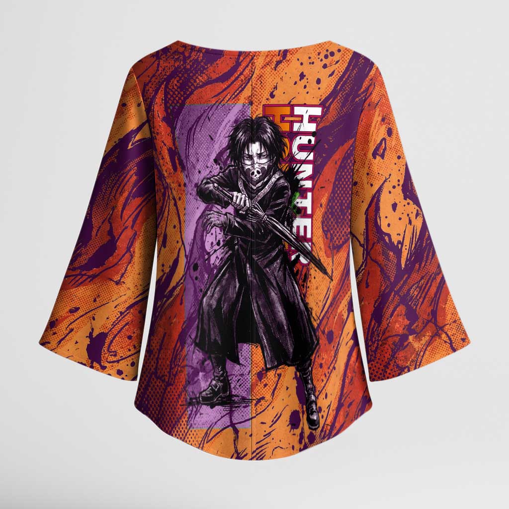 Feitan Portor Flame Aura Design Kimono Sleeve Blouse with Sword Stance and Intense Anime Artwork - The Mazicc
