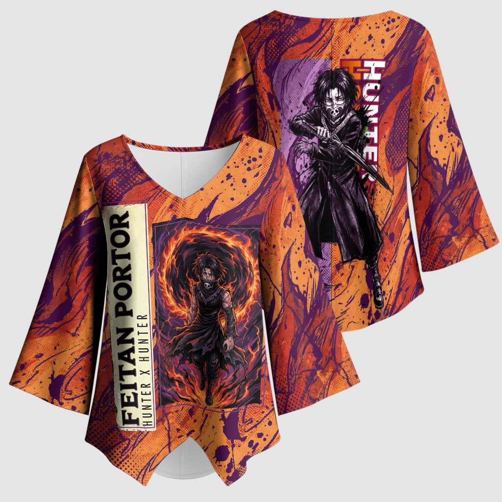 Feitan Portor Flame Aura Design Kimono Sleeve Blouse with Sword Stance and Intense Anime Artwork - The Mazicc