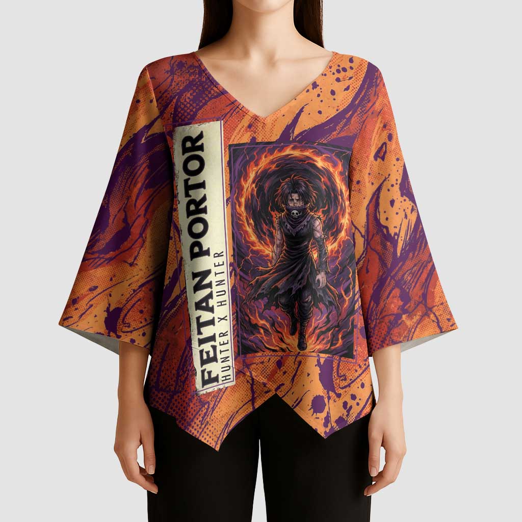 Feitan Portor Flame Aura Design Kimono Sleeve Blouse with Sword Stance and Intense Anime Artwork - The Mazicc