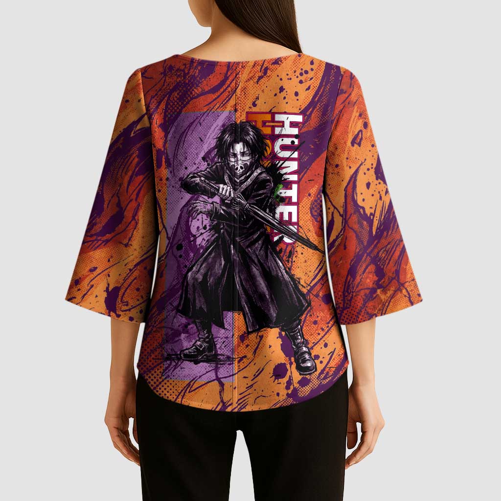 Feitan Portor Flame Aura Design Kimono Sleeve Blouse with Sword Stance and Intense Anime Artwork - The Mazicc