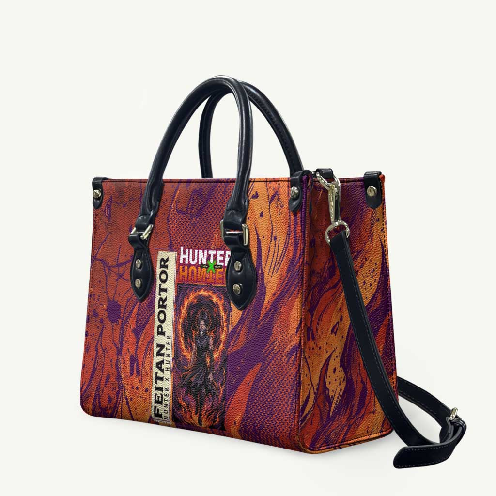 Feitan Portor Flame Aura Design Leather Bag with Sword Stance and Intense Anime Artwork - The Mazicc