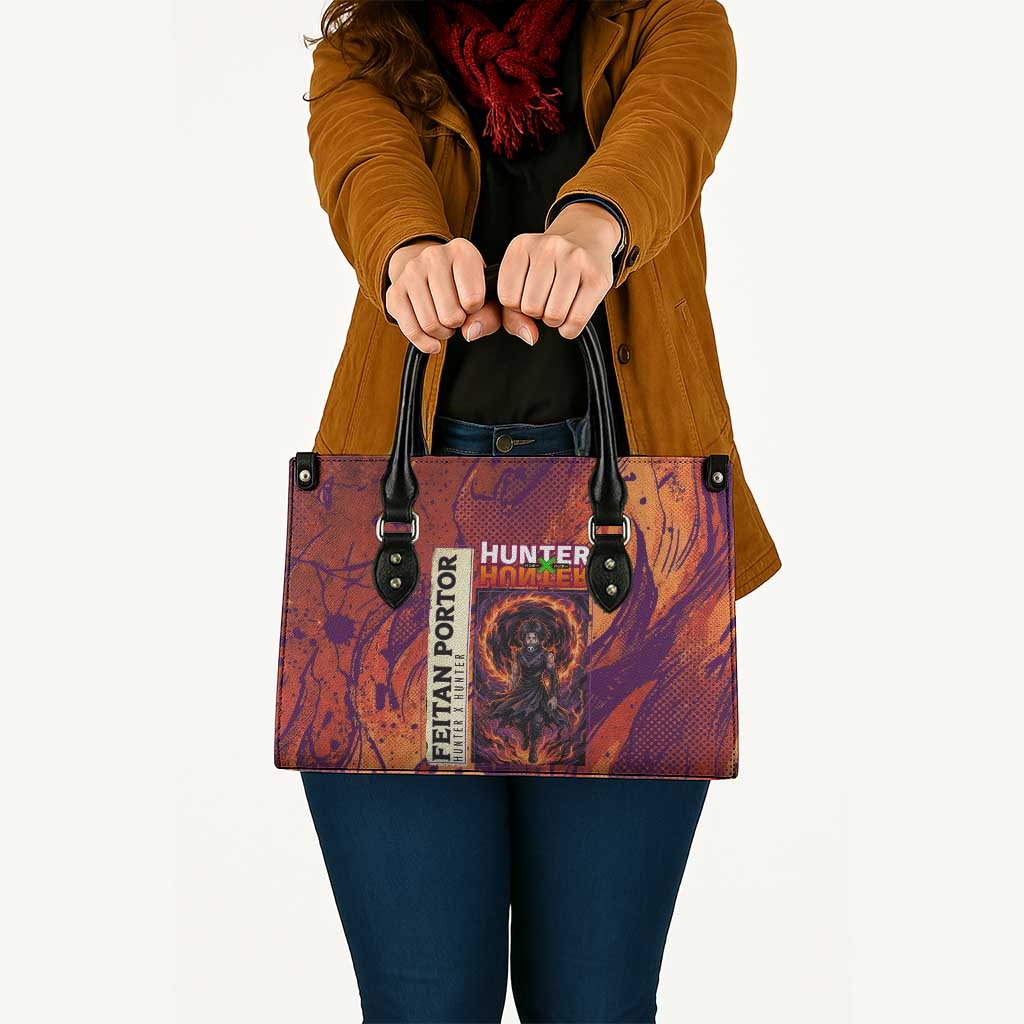 Feitan Portor Flame Aura Design Leather Bag with Sword Stance and Intense Anime Artwork - The Mazicc