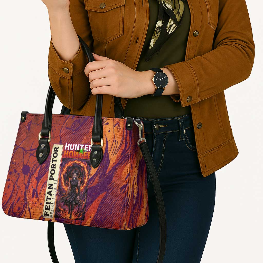 Feitan Portor Flame Aura Design Leather Bag with Sword Stance and Intense Anime Artwork - The Mazicc