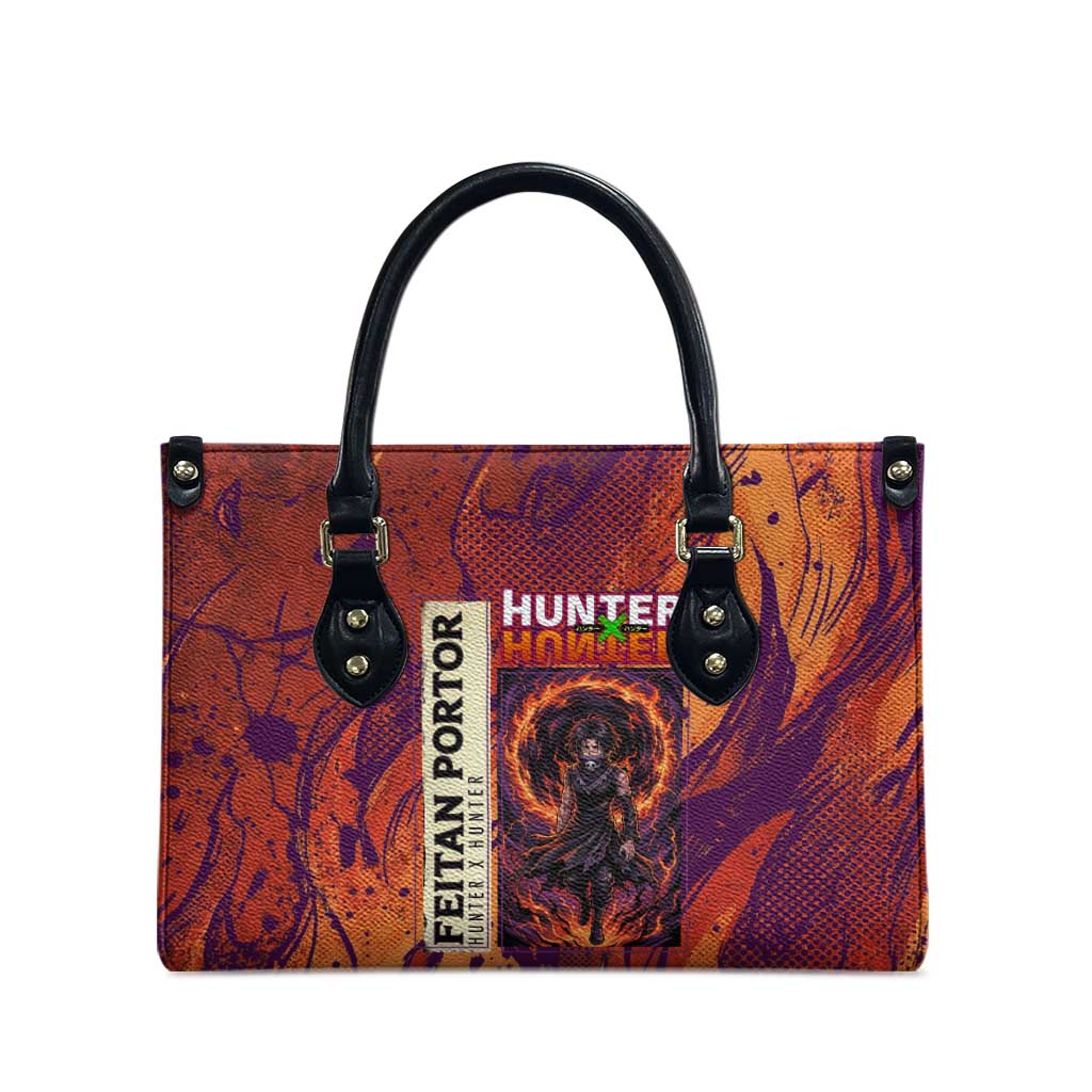 Feitan Portor Flame Aura Design Leather Bag with Sword Stance and Intense Anime Artwork - The Mazicc