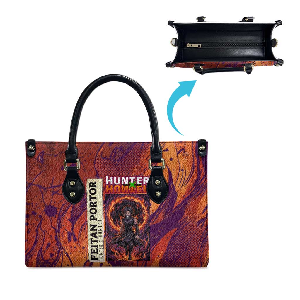 Feitan Portor Flame Aura Design Leather Bag with Sword Stance and Intense Anime Artwork - The Mazicc