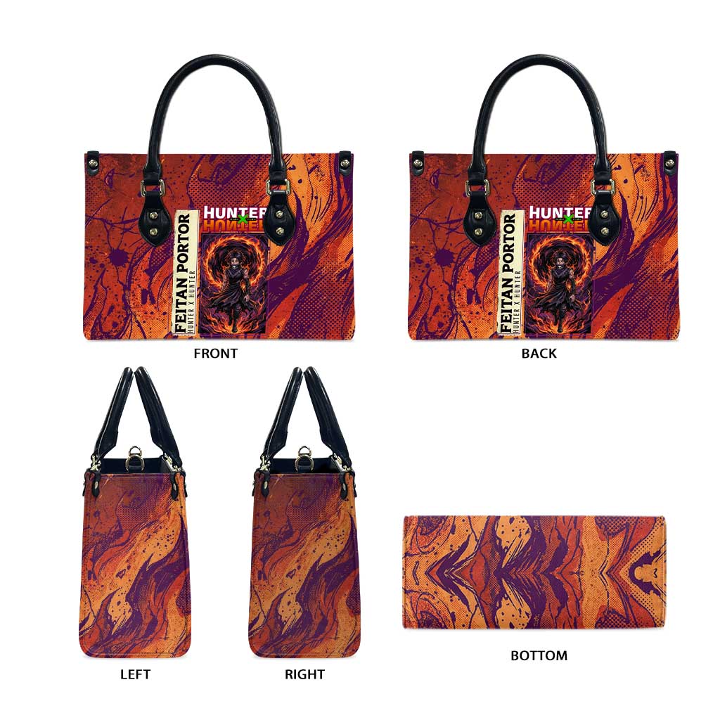 Feitan Portor Flame Aura Design Leather Bag with Sword Stance and Intense Anime Artwork - The Mazicc