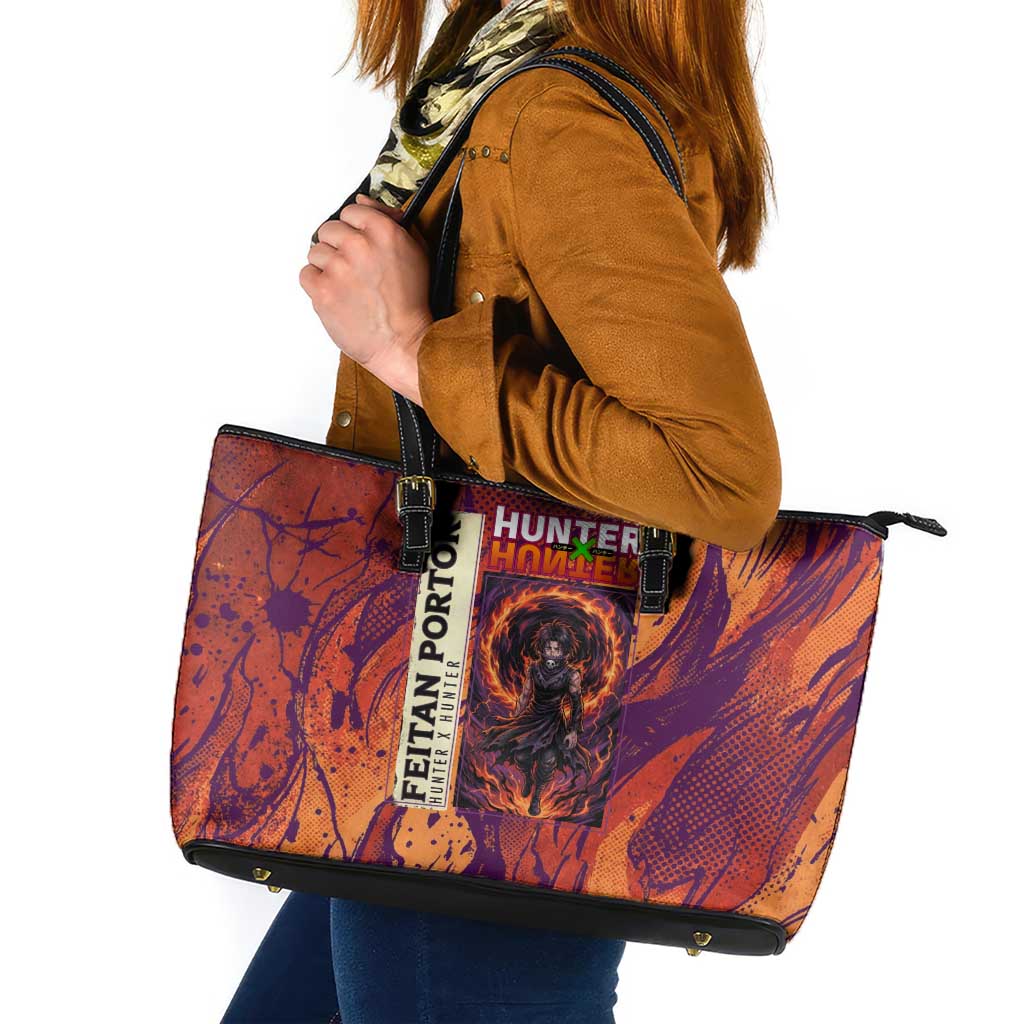 Feitan Portor Flame Aura Design Leather Tote Bag with Sword Stance and Intense Anime Artwork - The Mazicc