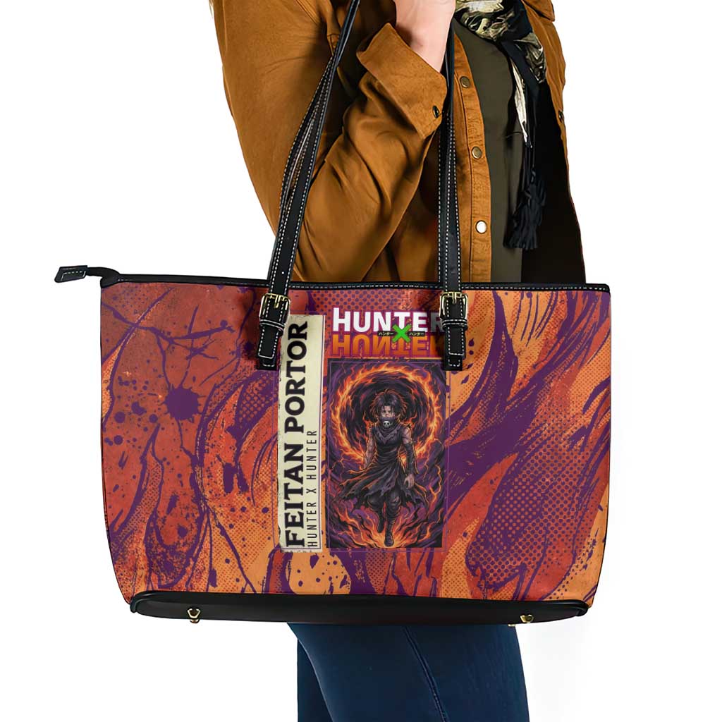 Feitan Portor Flame Aura Design Leather Tote Bag with Sword Stance and Intense Anime Artwork - The Mazicc
