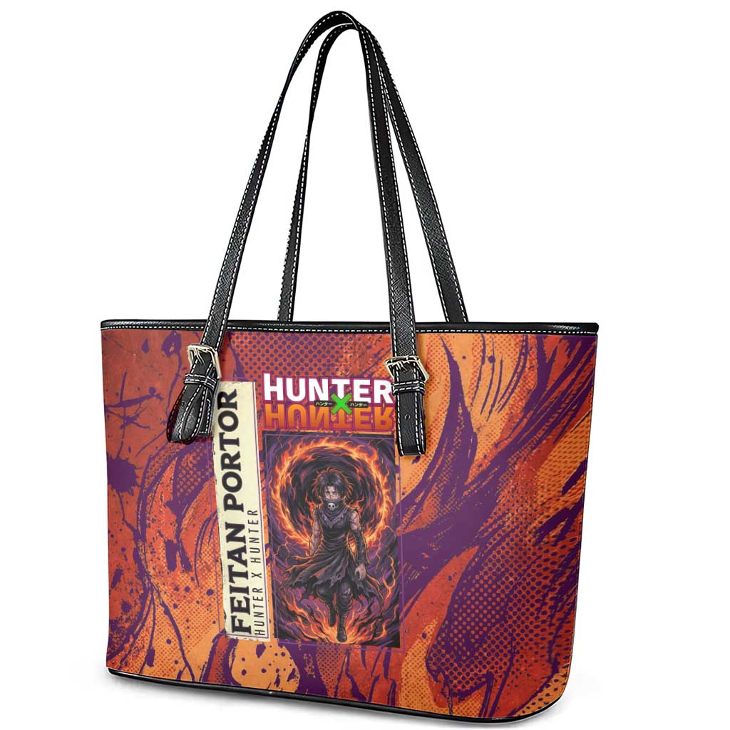 Feitan Portor Flame Aura Design Leather Tote Bag with Sword Stance and Intense Anime Artwork - The Mazicc