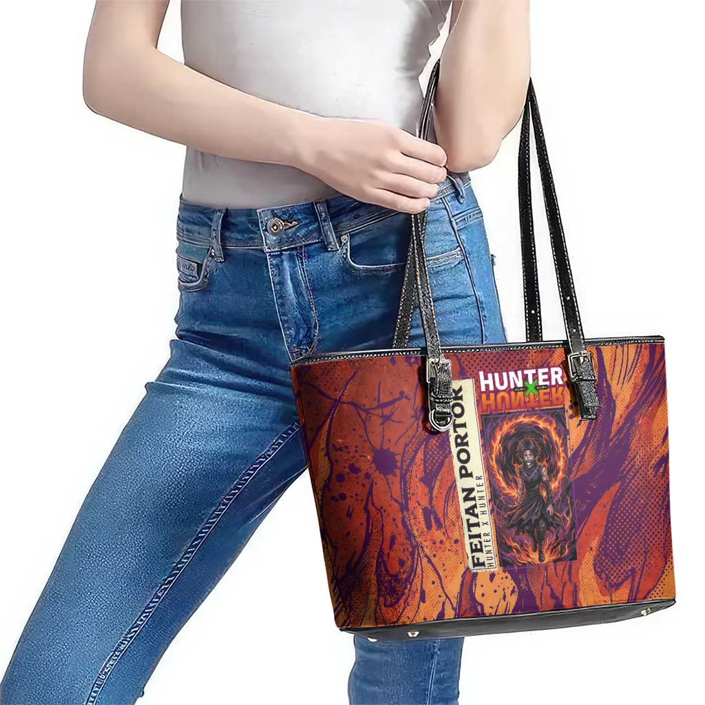 Feitan Portor Flame Aura Design Leather Tote Bag with Sword Stance and Intense Anime Artwork - The Mazicc