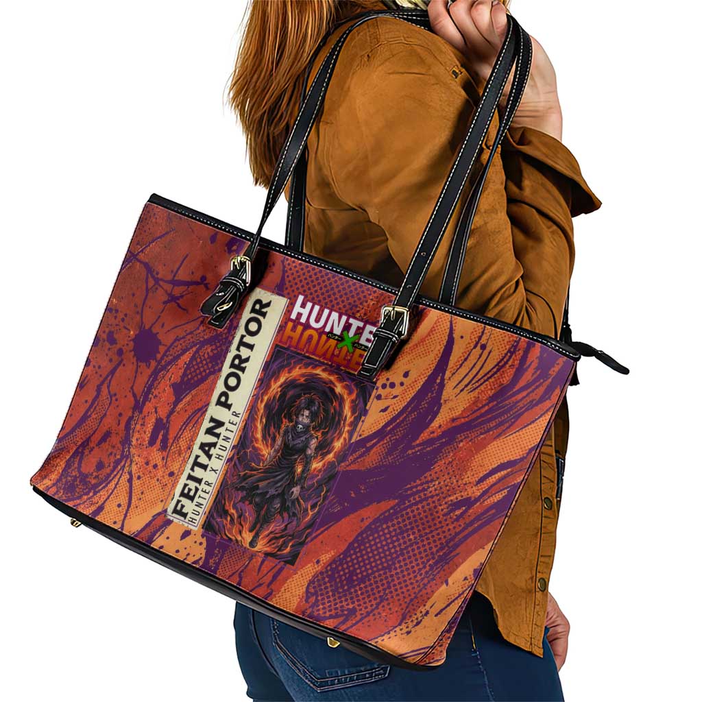 Feitan Portor Flame Aura Design Leather Tote Bag with Sword Stance and Intense Anime Artwork - The Mazicc