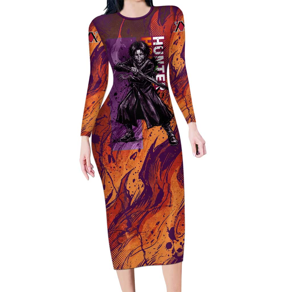 Feitan Portor Flame Aura Design Long Sleeve Bodycon Dress with Sword Stance and Intense Anime Artwork - The Mazicc