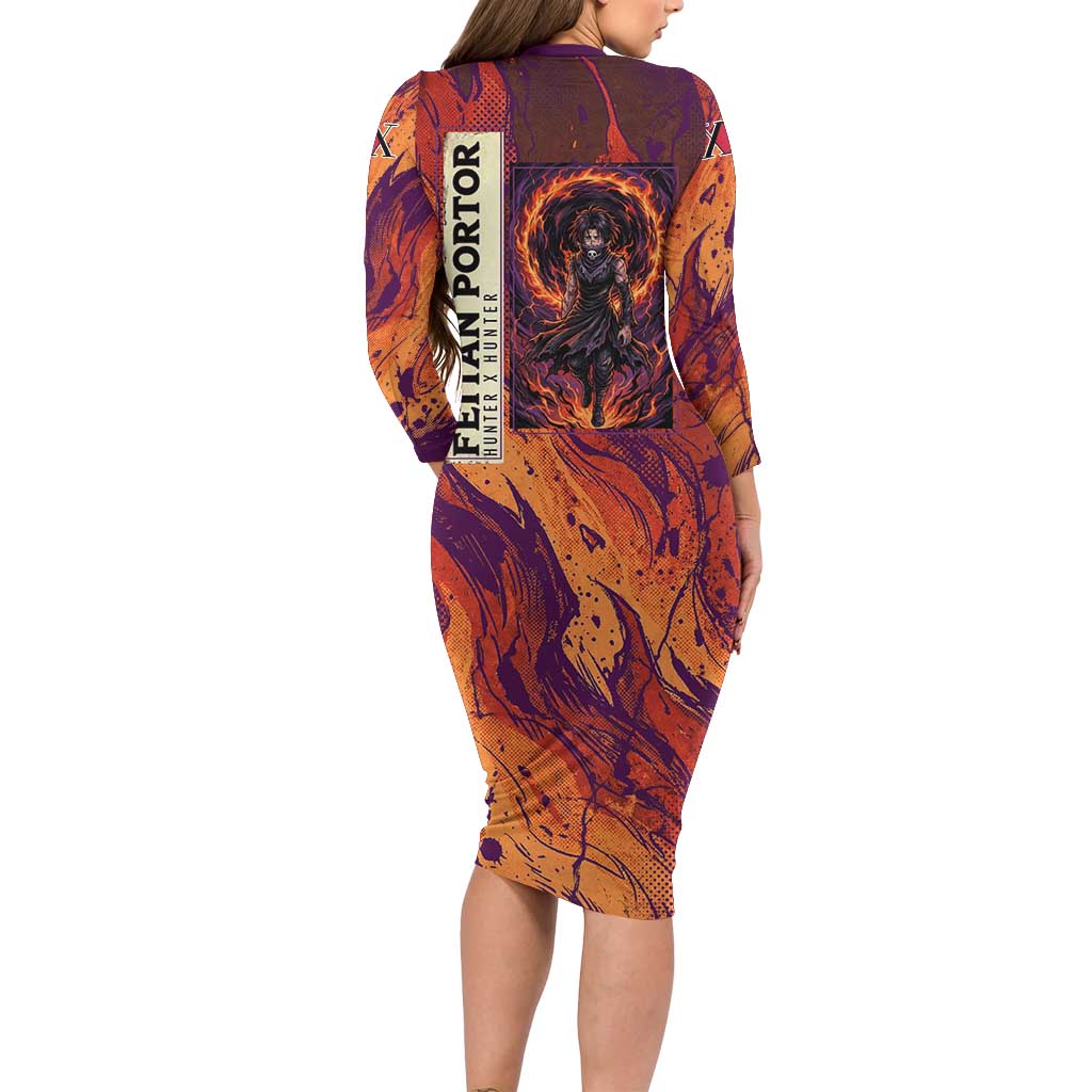 Feitan Portor Flame Aura Design Long Sleeve Bodycon Dress with Sword Stance and Intense Anime Artwork - The Mazicc