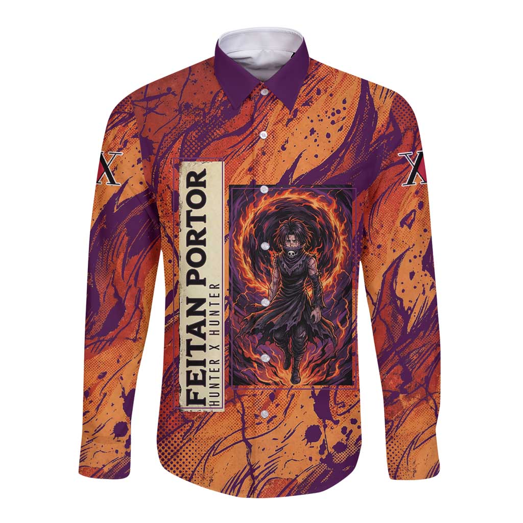 Feitan Portor Flame Aura Design Long Sleeve Button Shirt with Sword Stance and Intense Anime Artwork - The Mazicc
