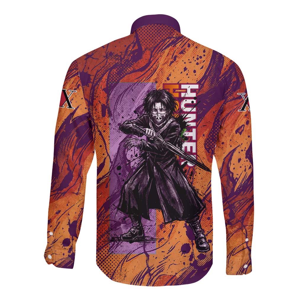 Feitan Portor Flame Aura Design Long Sleeve Button Shirt with Sword Stance and Intense Anime Artwork - The Mazicc