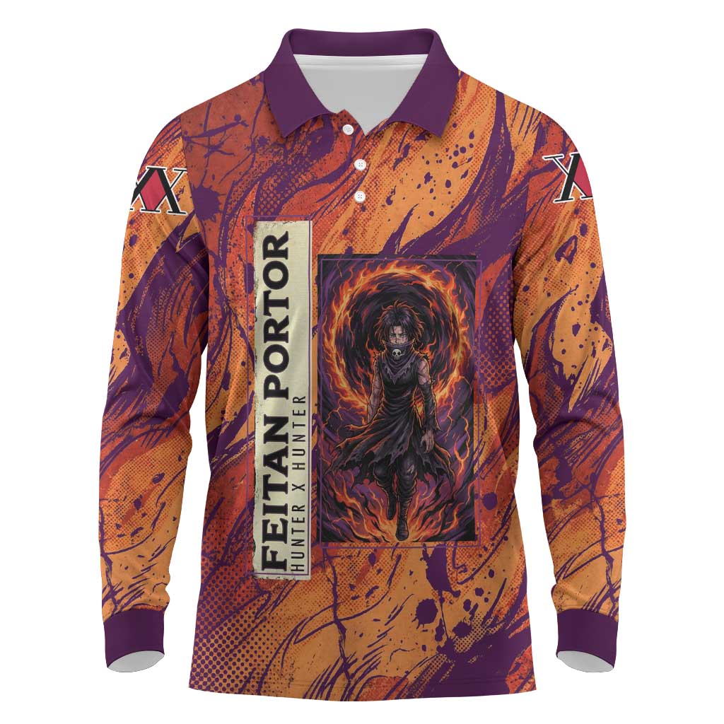 Feitan Portor Flame Aura Design Long Sleeve Polo Shirt with Sword Stance and Intense Anime Artwork - The Mazicc