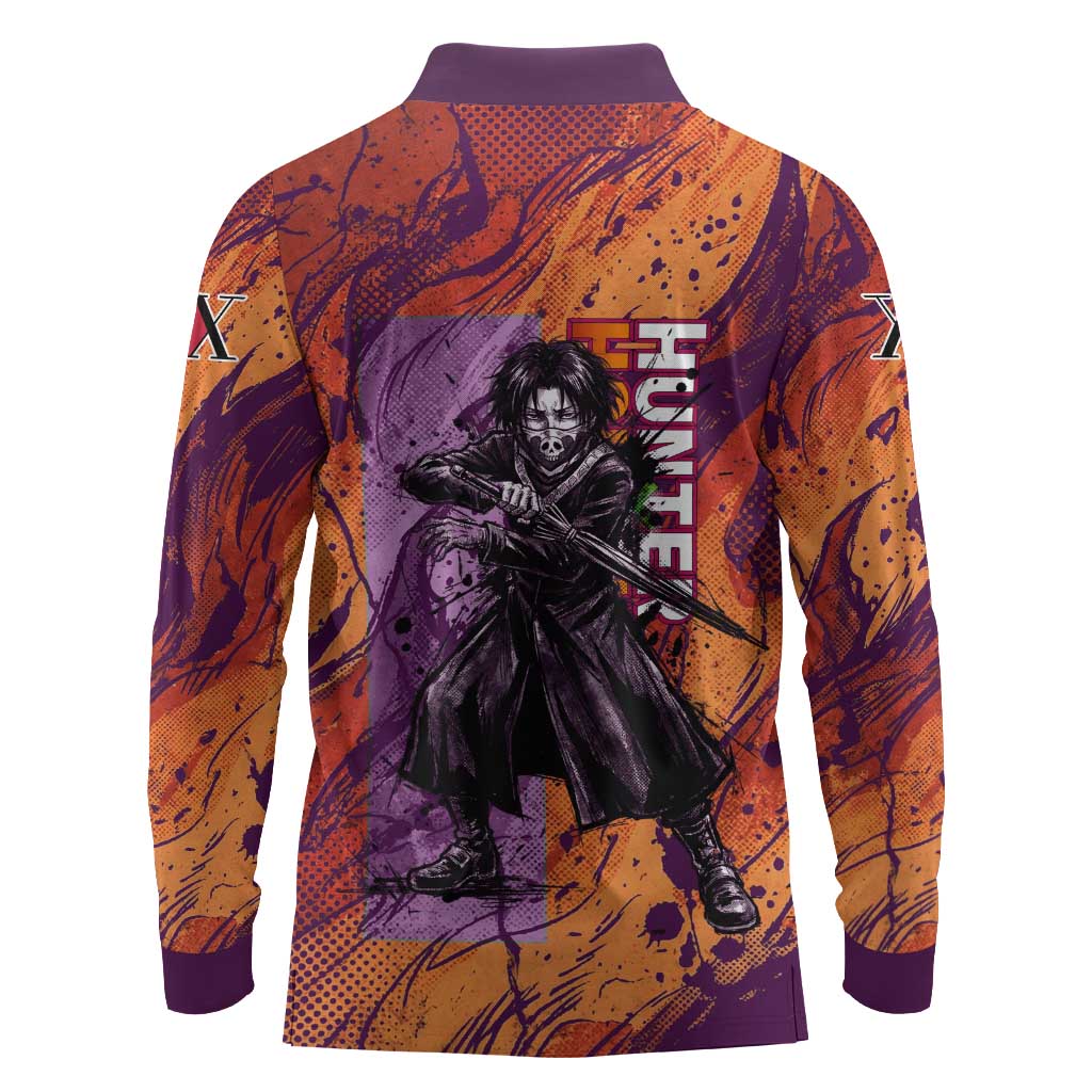 Feitan Portor Flame Aura Design Long Sleeve Polo Shirt with Sword Stance and Intense Anime Artwork - The Mazicc