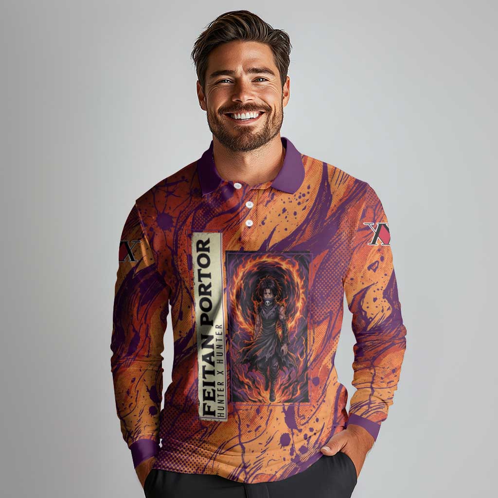 Feitan Portor Flame Aura Design Long Sleeve Polo Shirt with Sword Stance and Intense Anime Artwork - The Mazicc
