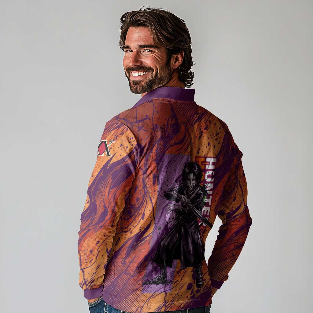 Feitan Portor Flame Aura Design Long Sleeve Polo Shirt with Sword Stance and Intense Anime Artwork - The Mazicc