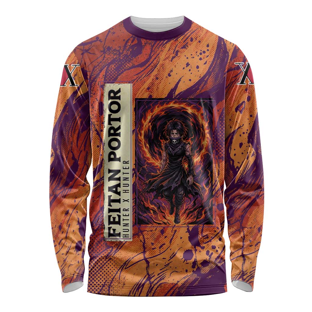 Feitan Portor Flame Aura Design Long Sleeve Shirt with Sword Stance and Intense Anime Artwork - The Mazicc