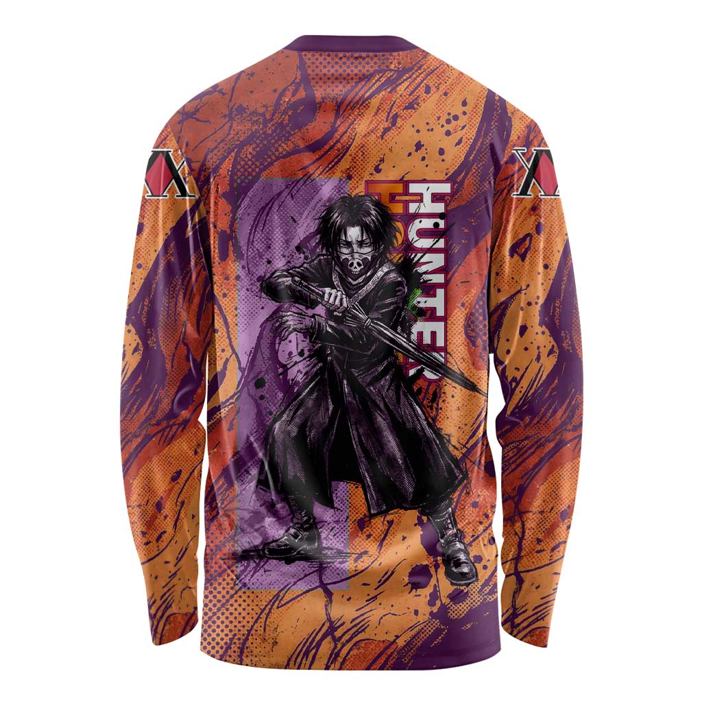 Feitan Portor Flame Aura Design Long Sleeve Shirt with Sword Stance and Intense Anime Artwork - The Mazicc