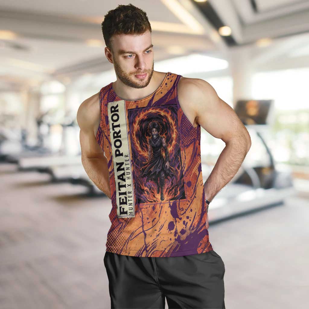 Feitan Portor Flame Aura Design Men Tank Top with Sword Stance and Intense Anime Artwork - The Mazicc