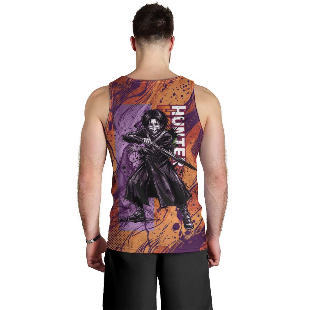 Feitan Portor Flame Aura Design Men Tank Top with Sword Stance and Intense Anime Artwork - The Mazicc