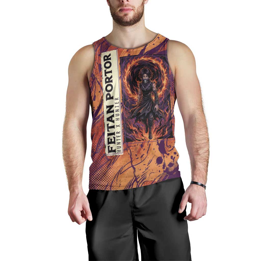Feitan Portor Flame Aura Design Men Tank Top with Sword Stance and Intense Anime Artwork - The Mazicc