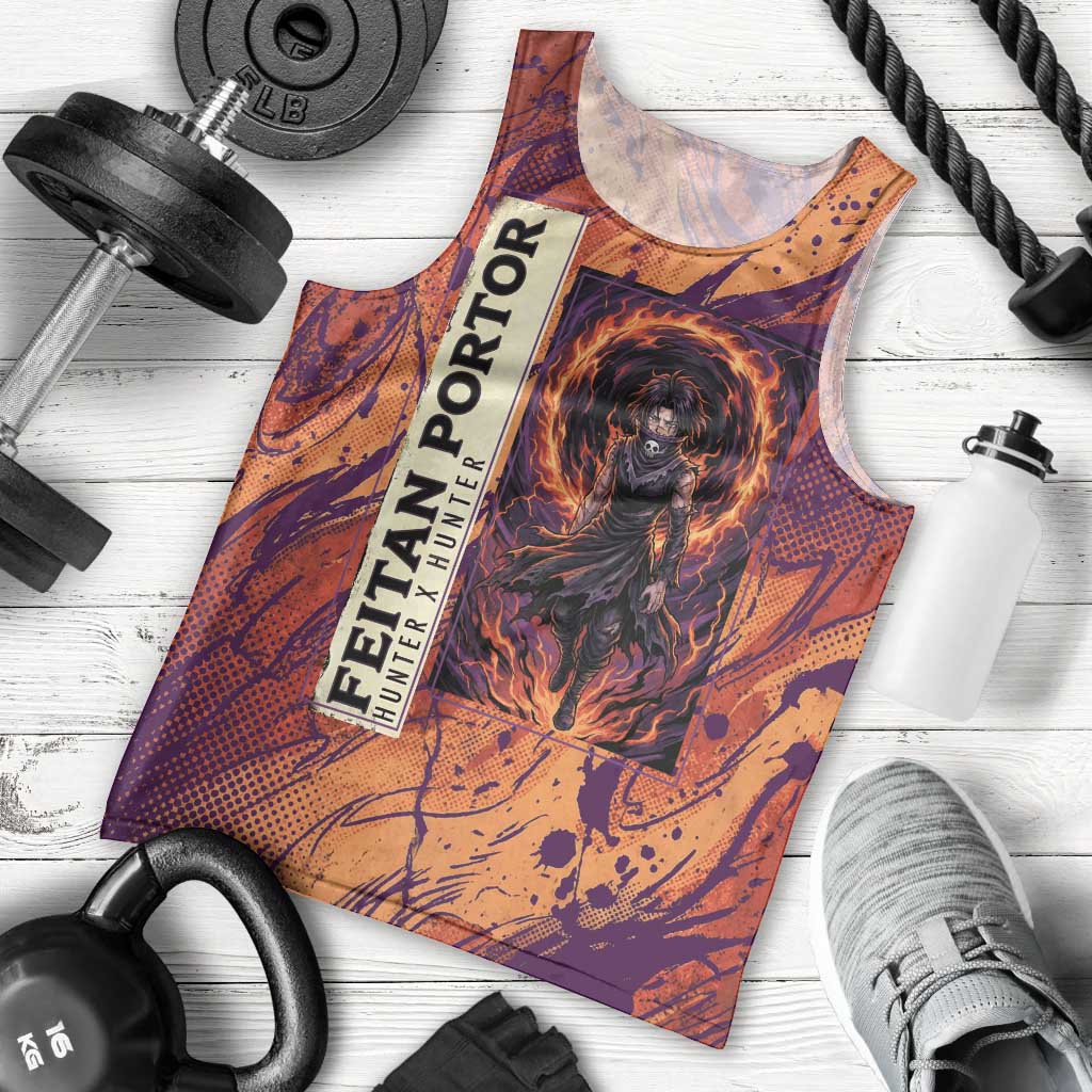 Feitan Portor Flame Aura Design Men Tank Top with Sword Stance and Intense Anime Artwork - The Mazicc