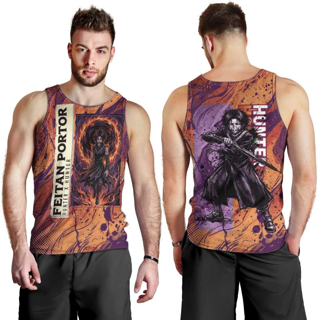 Feitan Portor Flame Aura Design Men Tank Top with Sword Stance and Intense Anime Artwork - The Mazicc