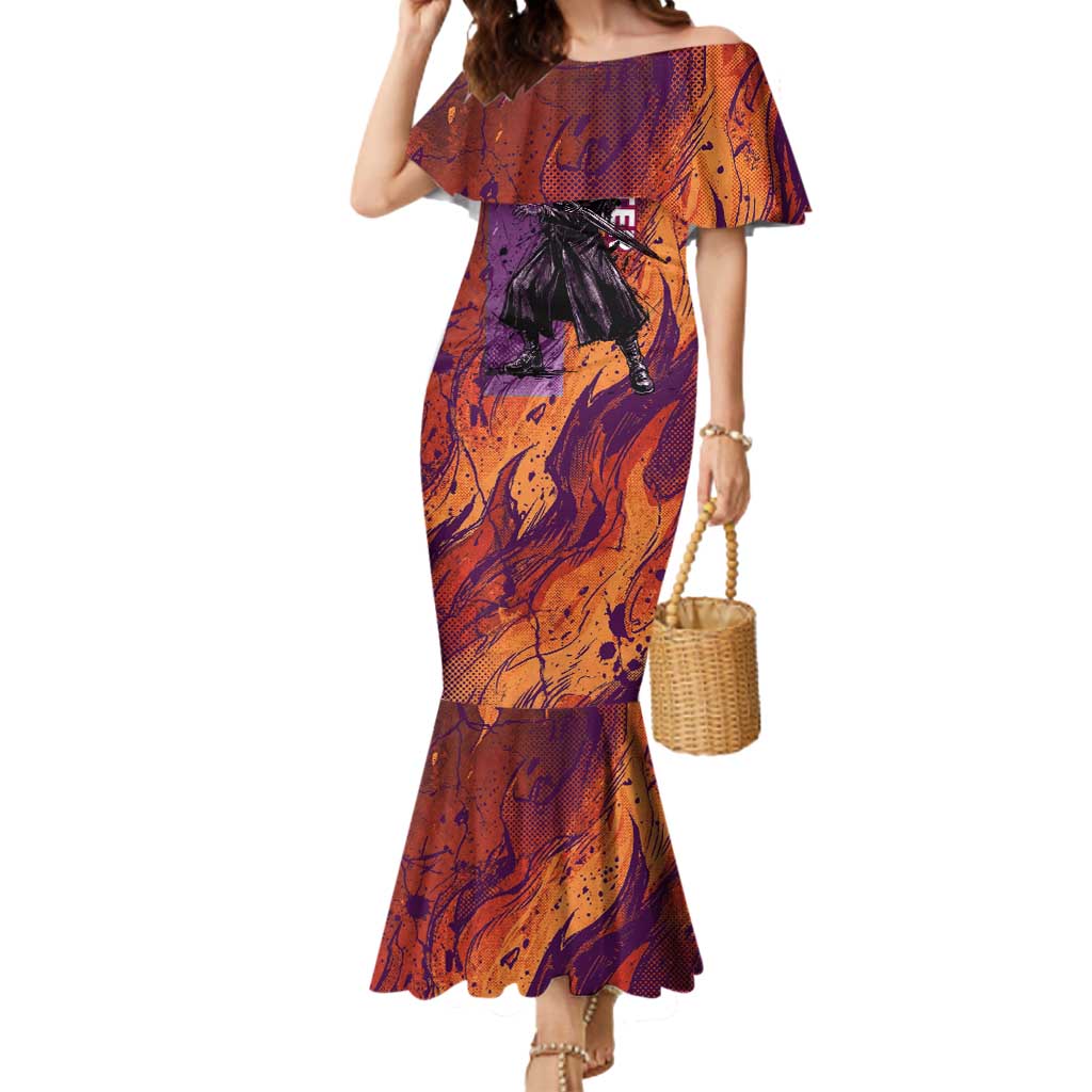 Feitan Portor Flame Aura Design Mermaid Dress with Sword Stance and Intense Anime Artwork - The Mazicc