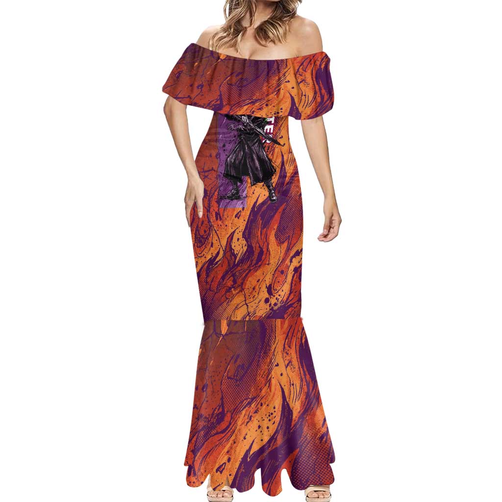 Feitan Portor Flame Aura Design Mermaid Dress with Sword Stance and Intense Anime Artwork - The Mazicc