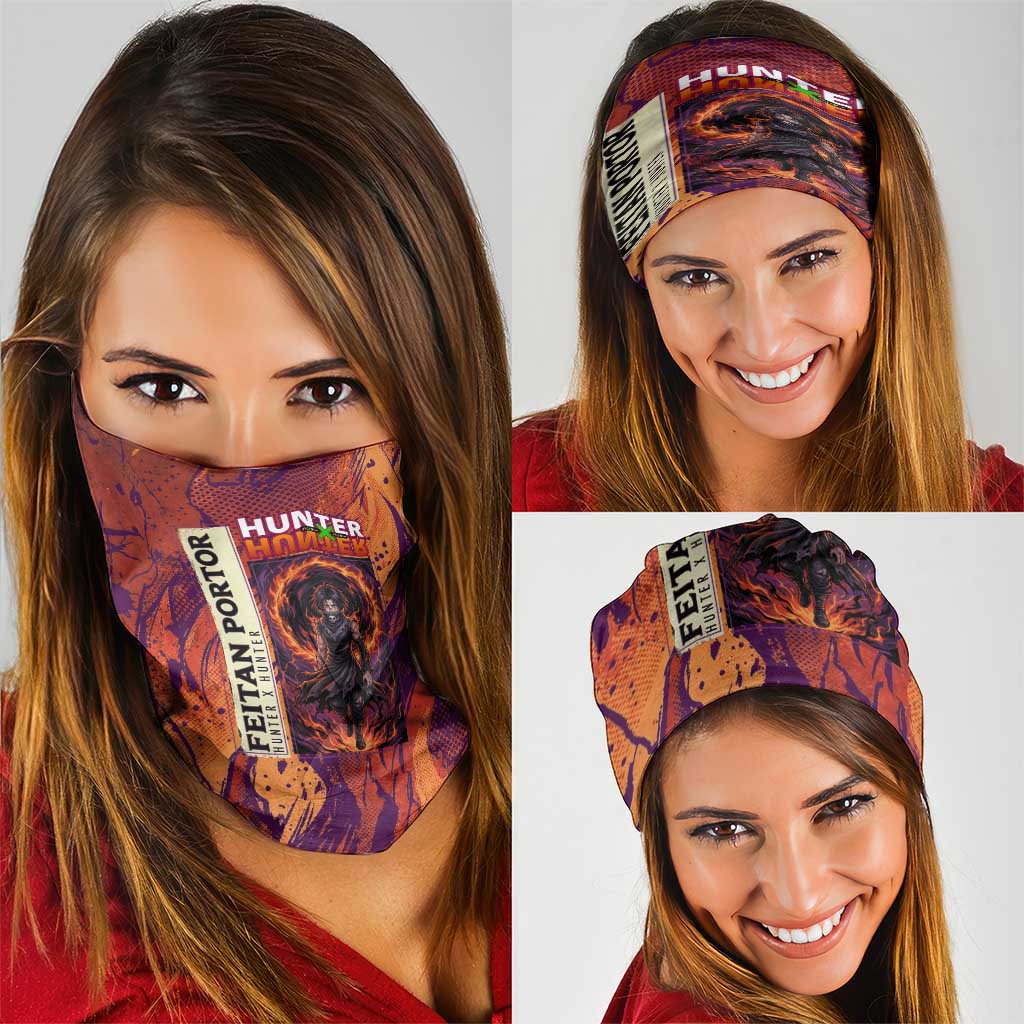 Feitan Portor Flame Aura Design Neck Gaiter with Sword Stance and Intense Anime Artwork - The Mazicc