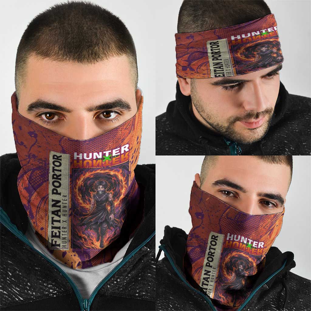 Feitan Portor Flame Aura Design Neck Gaiter with Sword Stance and Intense Anime Artwork - The Mazicc