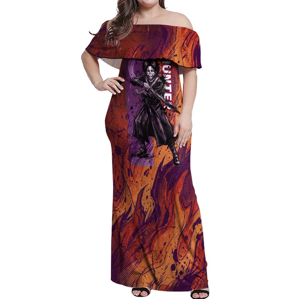 Feitan Portor Flame Aura Design Off Shoulder Maxi Dress with Sword Stance and Intense Anime Artwork - The Mazicc